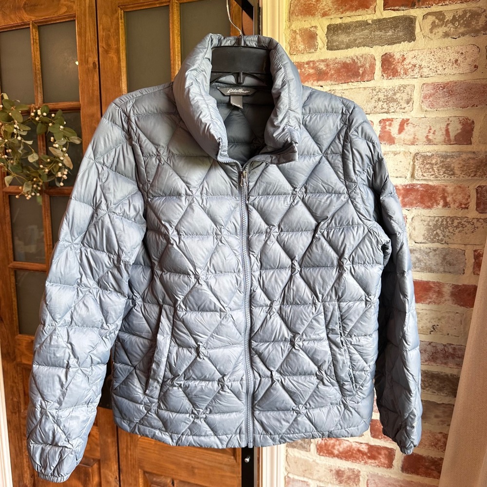 Eddie Bauer Puffer Jacket Women Blue Diamond Quilted Down Insulated Classic M